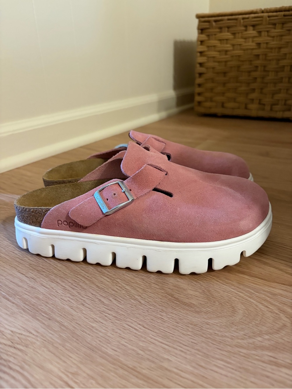 Papillio/Birkenstock Rose Pink Suede Platform Clog Mule with Buckle